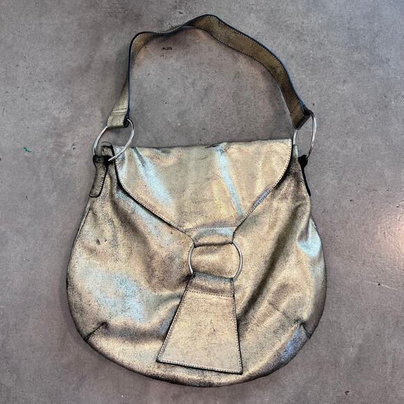 Kate Landry Gold Metallic Genuine Leather hobo bag womens purse y2K satchel - Picture 1 of 7